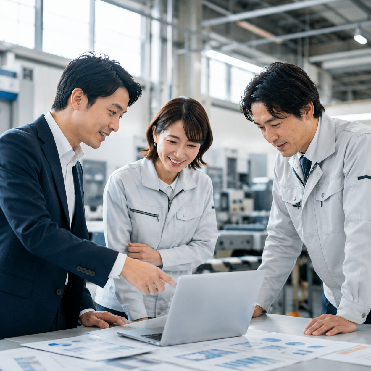 現場のスタッフと並んで、ノートPCを覗き込みながら話し合う様子